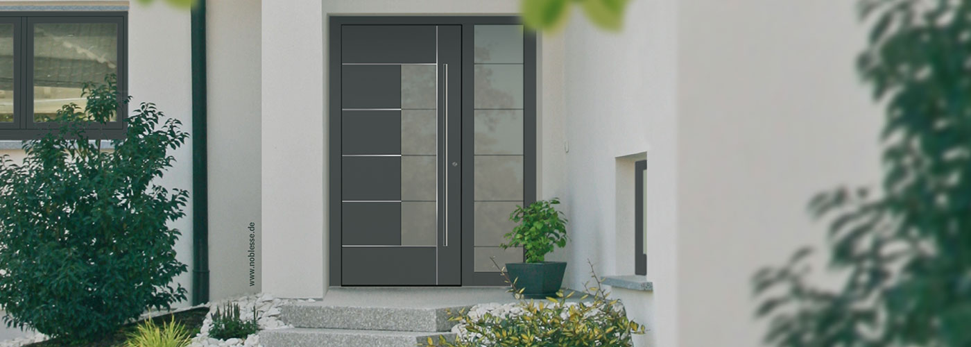 Ausschnitt Haus, Eingangstür aus Aluminium mit länglichem Glaseinsatz, rechts Glaseinsatz im Aluminiumrahmen