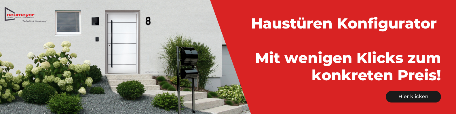 Banner zur Hälfte Foto von Haus mit weißer Haustüre, andere Hälfte weiße Schrift auf roten Hintergrund