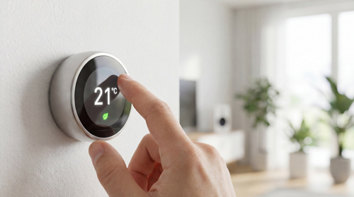 Ausschnitt eines Hauses, im Vordergrund Eingangstür aus Holz, links und darüber große Glaseinsetze