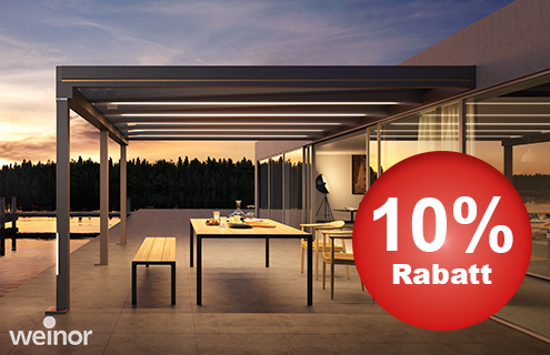 10 % Rabatt auf die weinor Glas-Terrassendächer und die Pergola Markise Plaza Viva