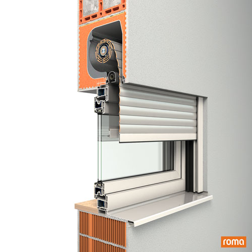 Querschnitt eines Fensters mir Rollladen: Aufsatzsystem Puro der Firma Roma.