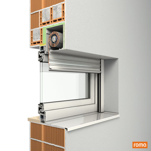 Querschnitt eines Fensters mir Rollladen: Vorbausystem Intego der Firma Roma.