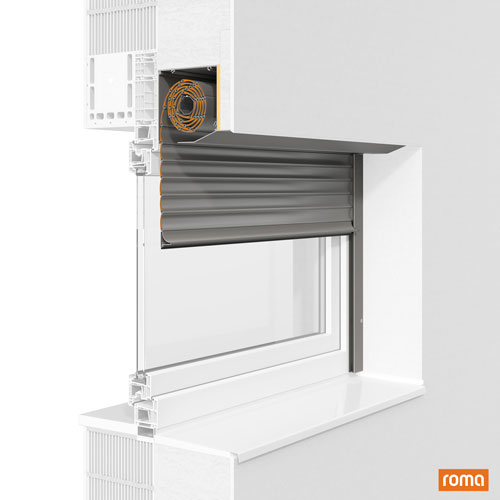 Querschnitt eines Fensters mir Rollladen: Vorbausystem Pento der Firma Roma.