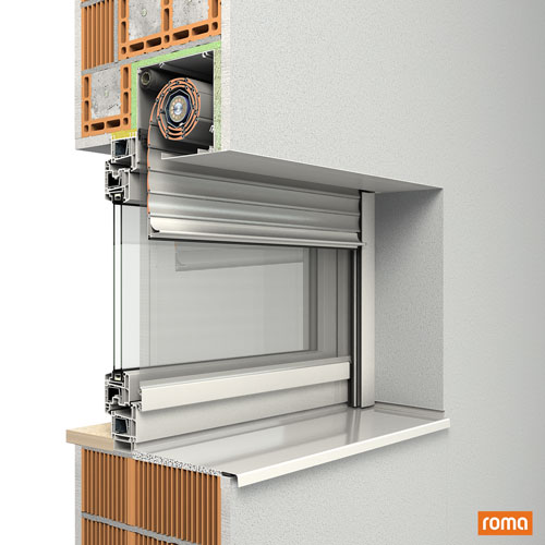 Querschnitt eines Fensters mir Rollladen: Vorbausystem Quadro der Firma Roma.
