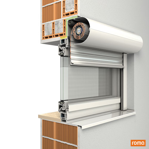 Querschnitt eines Fensters mir Rollladen: Vorbausystem Rondo der Firma Roma.