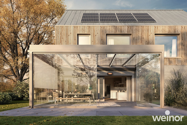 terrassendach-pure-maxx-1 Terrassendach Terrazza Pure Max von weinor als Überdachung über eine Terrasse im freien.