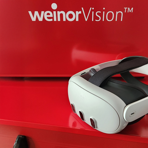 Die VR-Brille der Firma weinor als Produkt auf rotem Hintergrund.